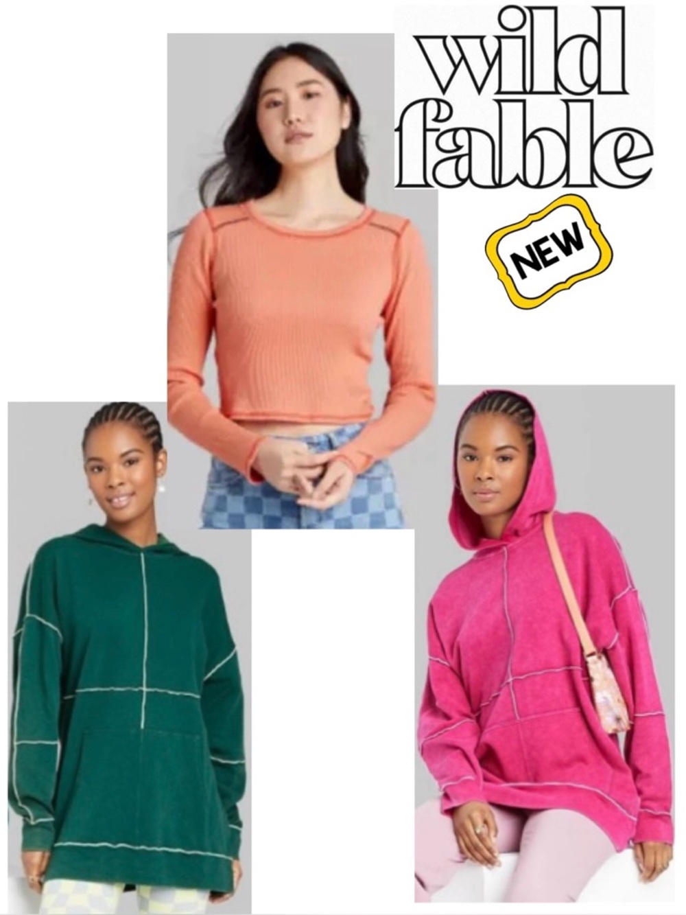 NWT 3pc Bundle WILD FABLE Hoodie Top Sweatshirt Pink Orange Green Junior XS NEW